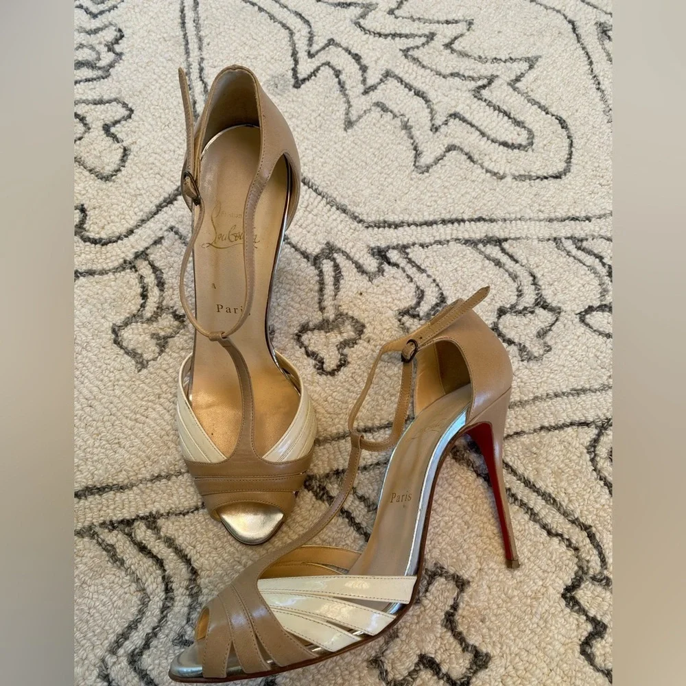 Christian Louboutin Tan and Cream Strappy Heels
